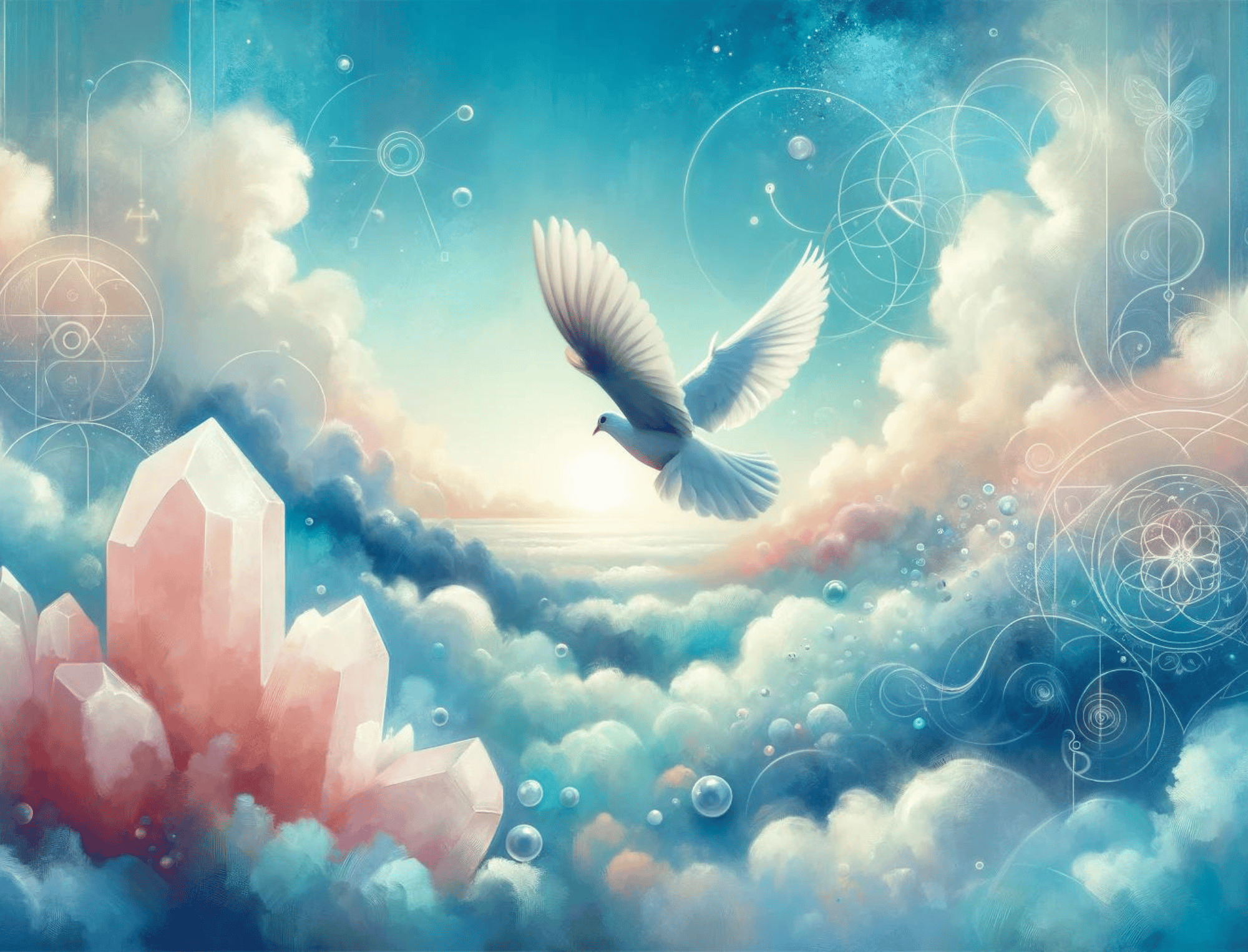 Dove flies among azure sky, clouds, and rose quartz crystals. Limitless living is possible with upper-limit healing.