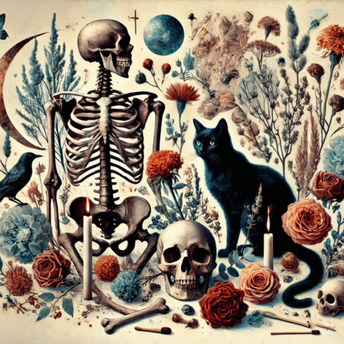 Mystical collage of a black cat, skeletons, marigolds, and roses. Learn about Allhallowtide.