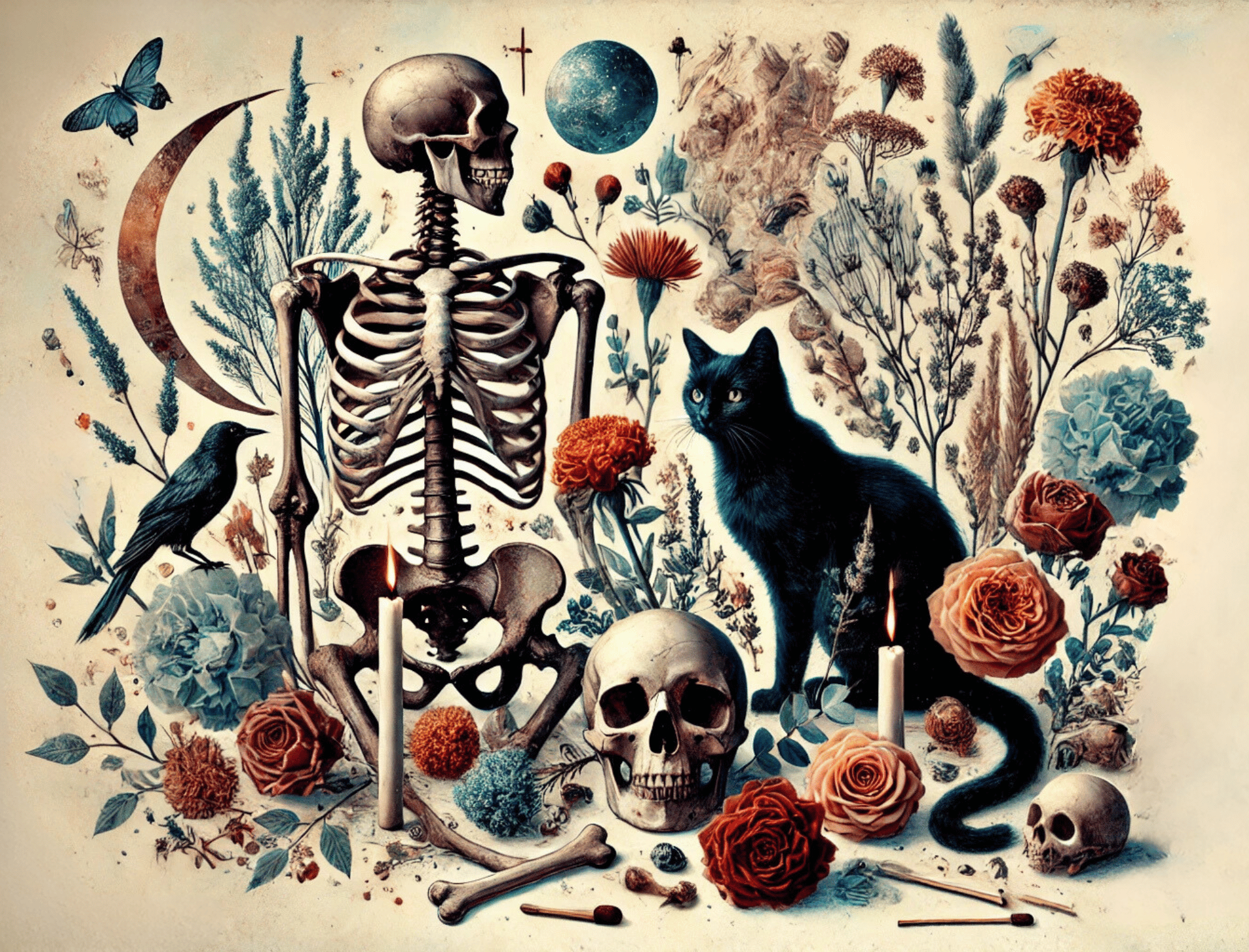 Mystical collage of a black cat, skeletons, marigolds, and roses. Learn about Allhallowtide.