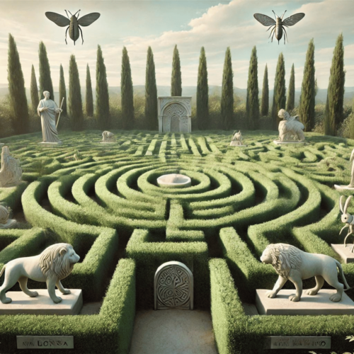 A green maze with moth symbols and lion statues. How to build boundaries to create intimacy.