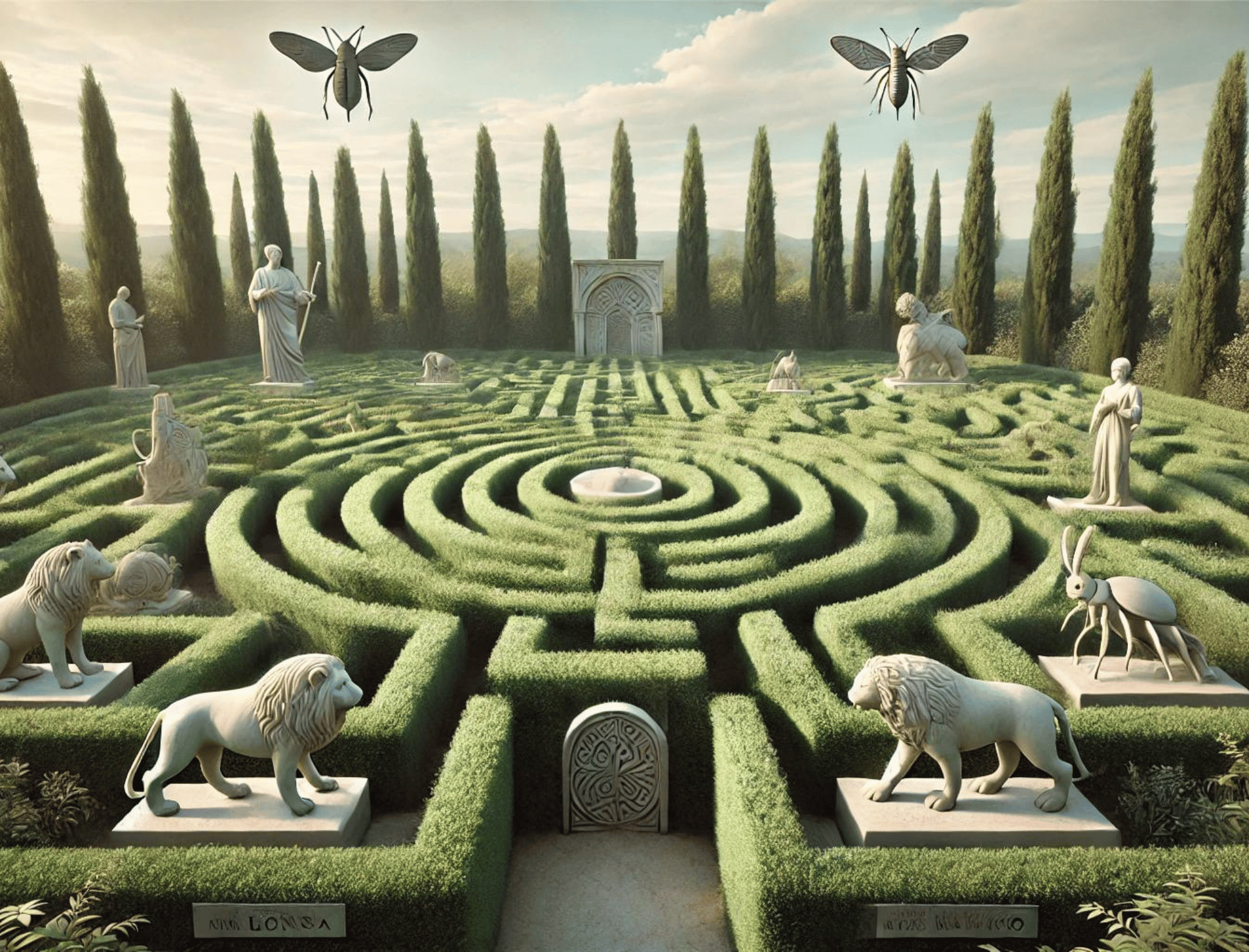 A green maze with moth symbols and lion statues. How to build boundaries to create intimacy.