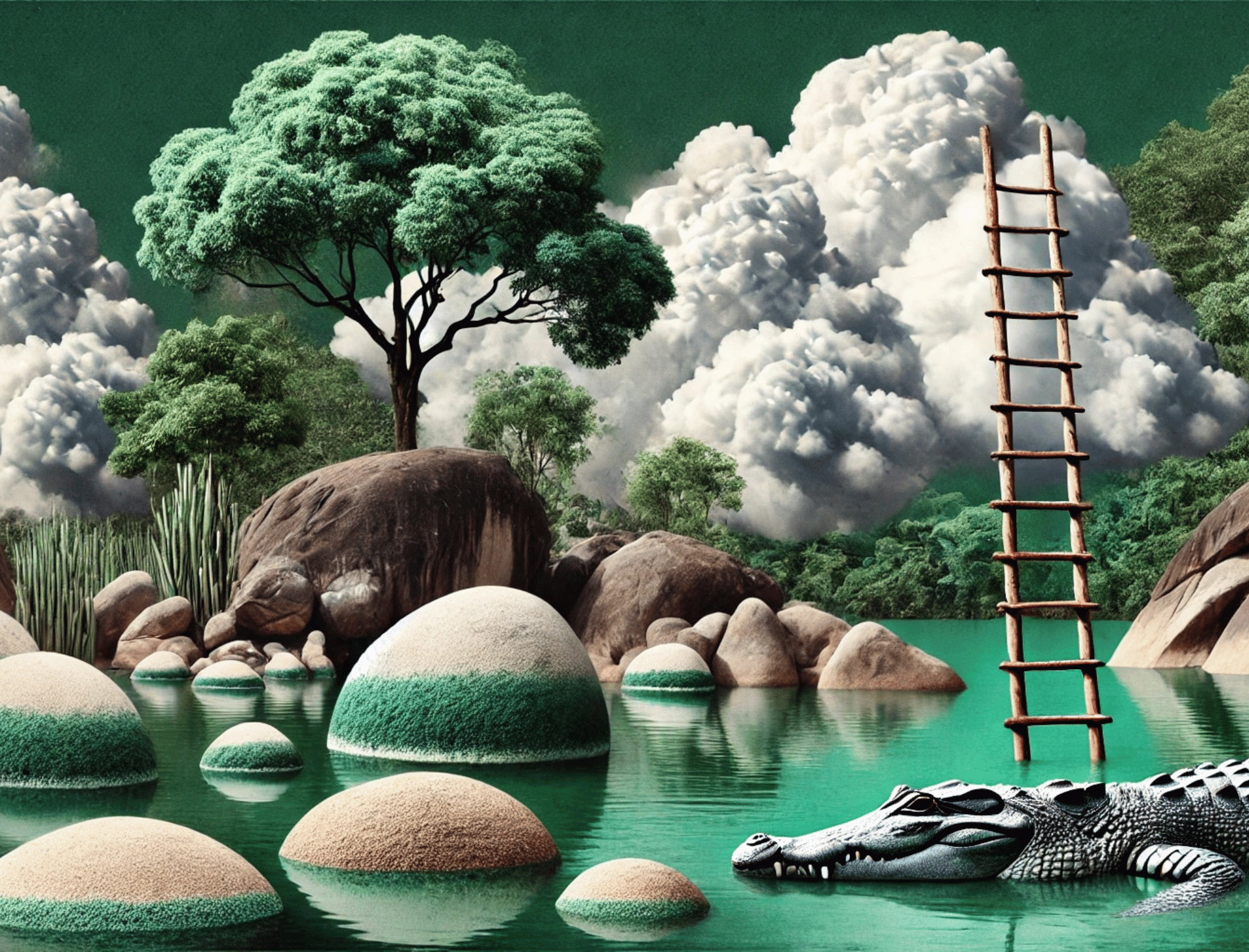 Collage with trees, river, and ladder to the clouds. What is ritual? Sacred space to shift consciousness