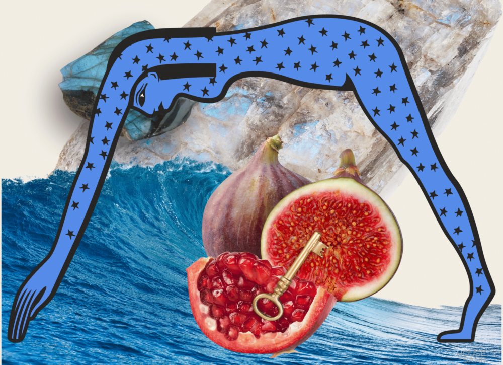 Collage of Nuit, a wave, moonstone, and pomegranate. Explore the sacred directive from Nuit: know thyself.