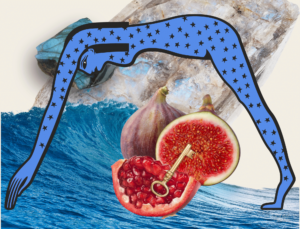 Collage of Nuit, a wave, moonstone, and pomegranate. Explore the sacred directive from Nuit: know thyself.